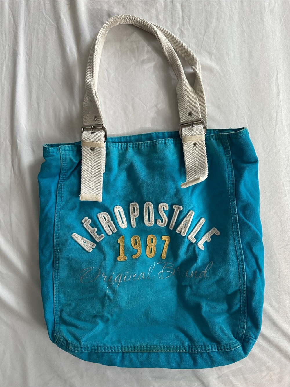 Y2K Aeropostale Turquoise Canvas Tote with White Straps and Yellow Accent